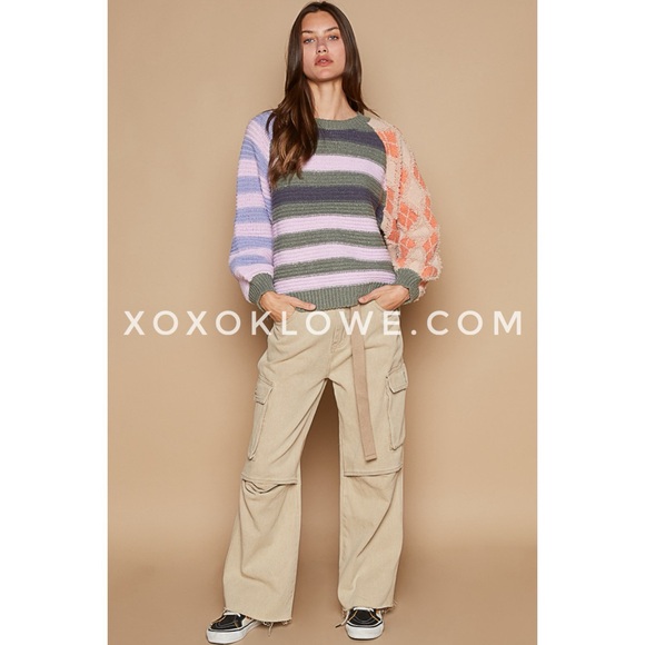 POL Olive Pink Stripped Balloon Sleeve Sweater Relaxed Fit - Picture 6 of 13
